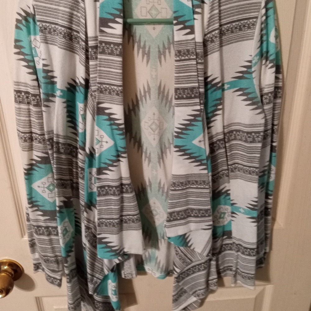 Gray white teal sweater